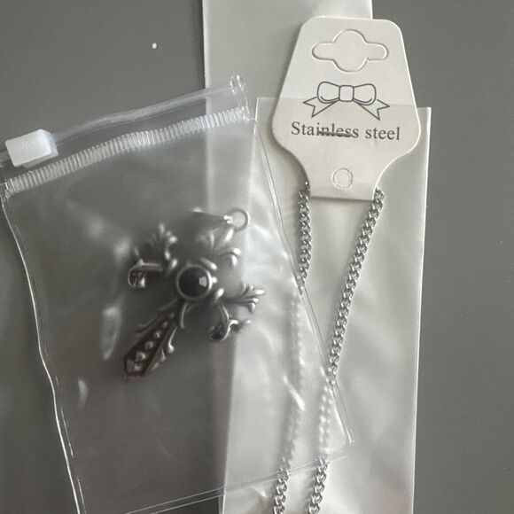 Cross Chain Pendant Double Sided Stone Viking Gothic Vintage Stainless Steel 24” - Picture 6 of 6